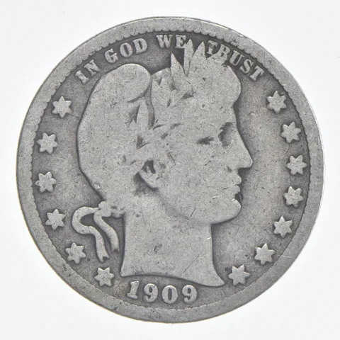 1909-S Barber Quarter 90% Silver VG Condition