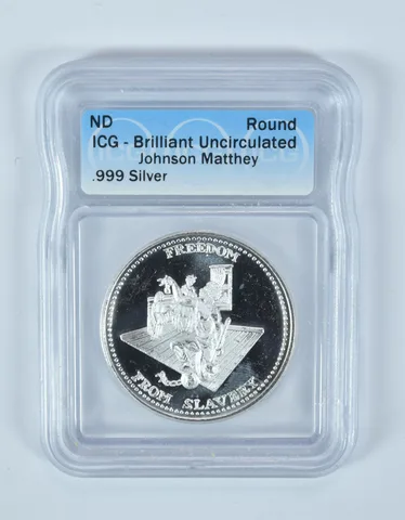 (ND) Silver Art Round 1 Oz Freedom From Slavery Johnson Matthey BU ICG