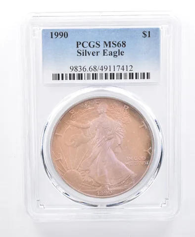 1990 American Silver Eagle MS68 PCGS Purple Iridescent Tone *8617