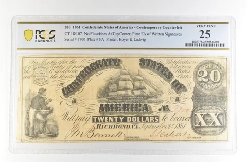 1861 $20 Confederate States Of America CT 18/107 VF 25 PCGS *4153
