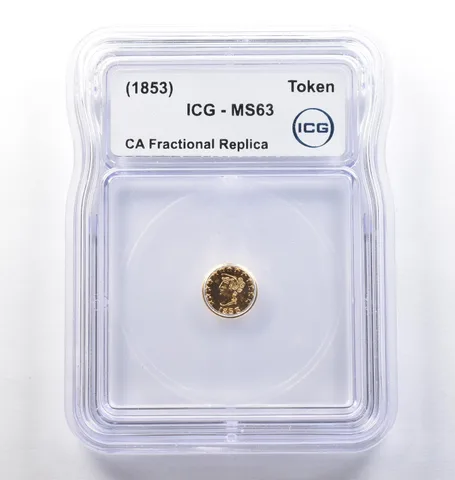 (1853) CA Fractional Gold Style Token Liberty Head 1/4 Dollar MS63 ICG *3820