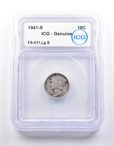 1941-S Mercury Dime FS-511 Large S Genuine ICG *9870