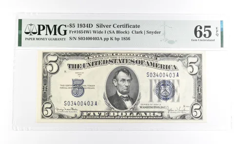 PMG 65 Gem Unc EPQ 1934 D $5 Silver Certificate Blue Seal Fr#1654Wi a1076