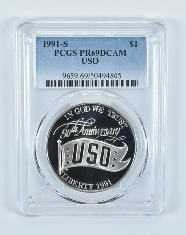 1991-S USO Anniversary Commemorative Dollar PR69 DCAM PCGS Blue Label