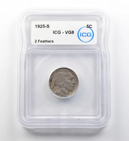 1925-S Indian Head Buffalo Nickel 2 Feathers VG8 ICG ERROR *8196