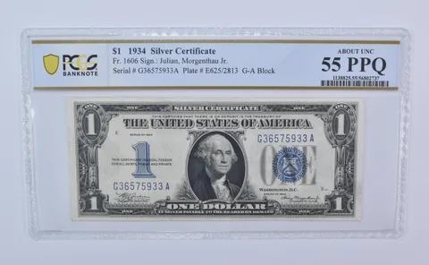 1934 $1 Silver Certificate Fr#1606 Blue Seal About Unc 55 PPQ PCGS *8096