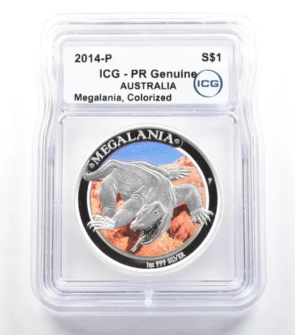 2014 P Australia 1 Dollar Silver 1 Oz Megalania Colorized PR Genuine ICG *5549