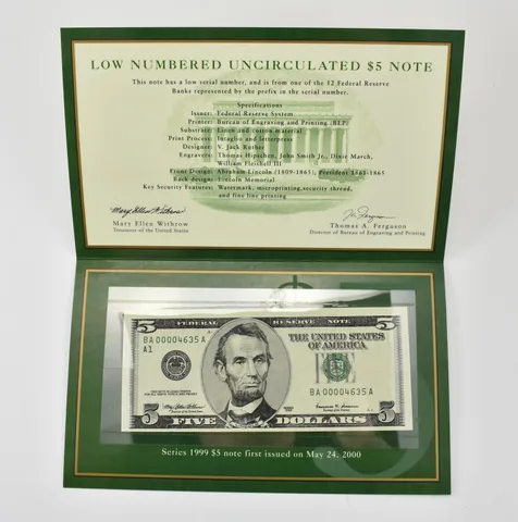 1999 $5 FRN A Bank Low Serial Number BEP *0393