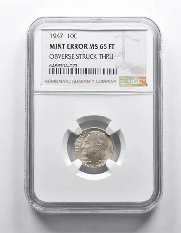 Mint Error MS65 FT 1947 Roosevelt Dime OBV Struck Thru NGC *1875
