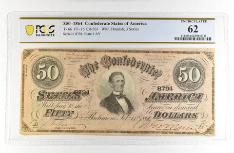 1864 $50 Confederate States Large Note T-66 PF-15 CR-503 Unc 62 PCGS *4208