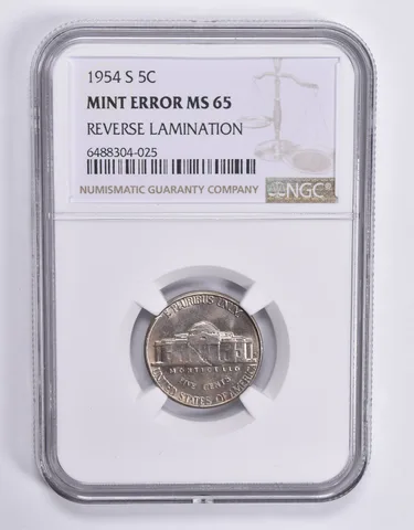 MINT ERROR MS65 1954-S Jefferson Nickel REV Lamination NGC a1860