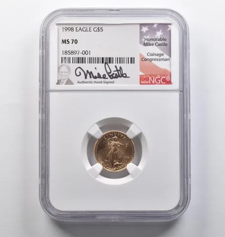 1998 $5 American Gold Eagle Mike Castle 1/10 Oz Gold MS70 NGC *6974