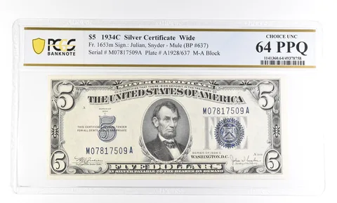 1934 C $5 Silver Certificate Wide Fr#1653m Choice Unc 64 PPQ PCGS *2787