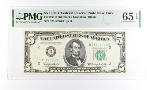 PMG 65 Gem Unc EPQ 1950 D $5 New York, NY US FRN Green Seal Fr#1965-B *1015