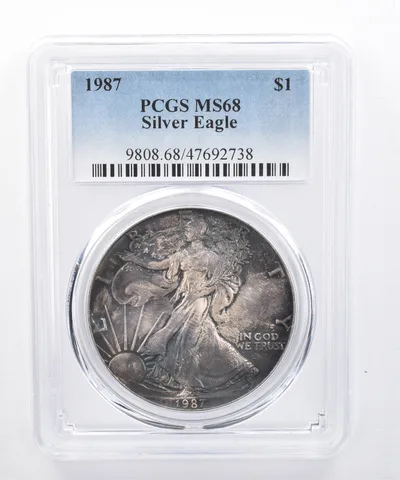 1987 American Silver Eagle MS68 PCGS Dark Blue Tone *8508