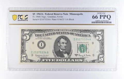 1963 A $5 Minneapolis MN FRN Fr#1968-I Gem Unc 66 PPQ PCGS *8293