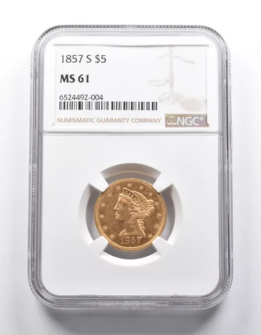 MS61 1857-S $5 Liberty Head Gold Half Eagle NGC a2541