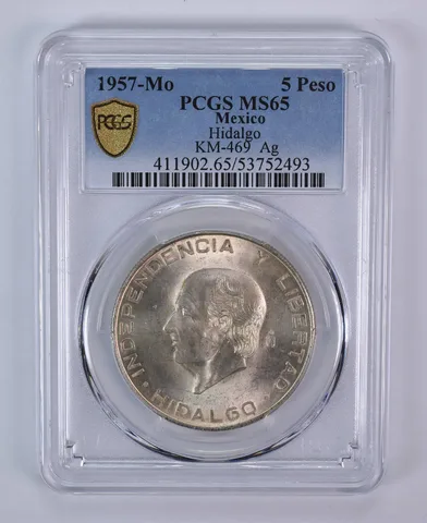 1957 Mo Mexico 5 Pesos Silver Hidalgo KM-469 MS65 PCGS Blue Label