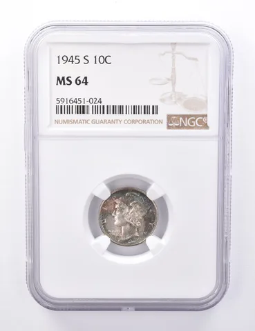 MS64 1945-S Mercury Silver Dime - Graded NGC Blue Toned *4400