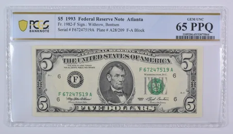 1993 $5 Atlanta GA FRN Fr#1982-F Gem Unc 65 PPQ PCGS