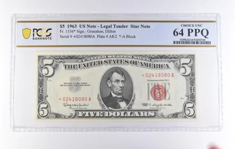 1963 $5 Legal Tender Star Note Fr#1536* Choice Unc 64 PPQ PCGS *8226
