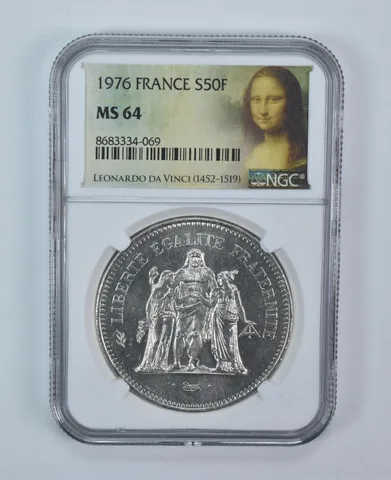 1976 France 50 Francs Silver MS64 NGC Mona Lisa Label