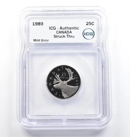 1989 Canada 25 Cents Mint Error Struck Thru Authentic ICG *9801
