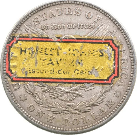 1921-S Morgan Silver Dollar Sticker Honest John's Tavern Escondido CA a7546