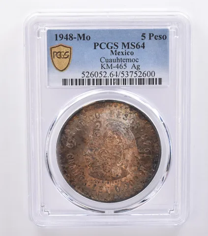 1948 Mo Mexico 5 Pesos Cuauhtemoc Silver KM-465 MS64 PCGS Beautiful Tone *8714