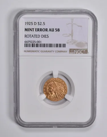 Mint Error AU58 1925-D $2.50 Indian Head Gold Quarter Eagle Rotate Die NGC *6545