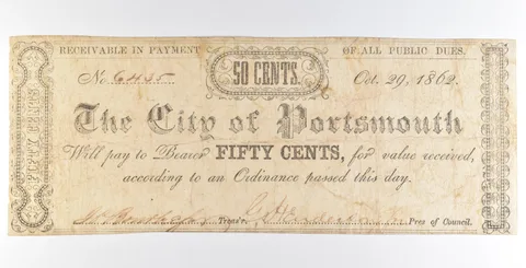 1862 50 Cents City Of Portsmouth Obsolete Note *8929