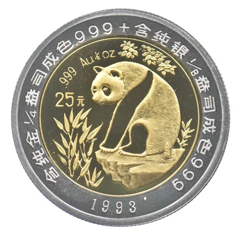 1993 China 25 Yuan Panda Bimetallic Coin 1/4 Oz Gold 1/8 Oz Ag *1973