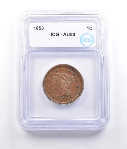 1853 Braided Hair Large Cent AU50 ICG *6964