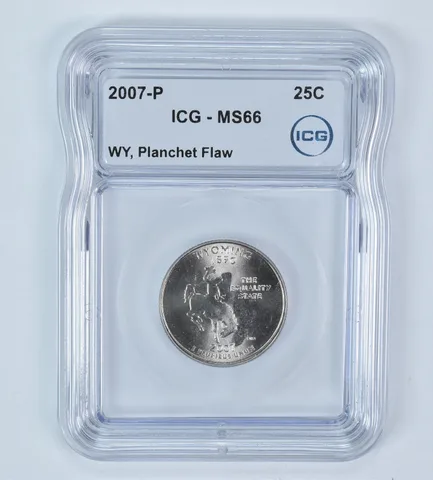2007-P State Quarter Wyoming Mint Error Planchet Flaw MS66 ICG