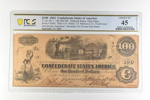 1862 $100 Confederate States T-40 PF-1 CR-298/300 Choice XF 45 PCGS *4449