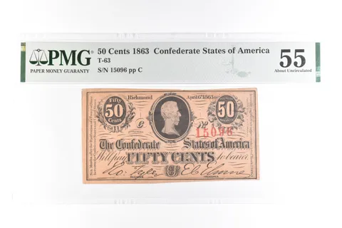 1863 50 Cents Confederate States Of America T-63 About Unc 55 PMG *7635