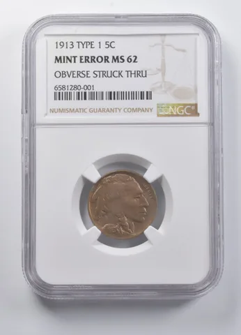 MINT ERROR MS62 1913 Indian Head Buffalo Nickel Type 1 OBV Struck Thru NGC *7194
