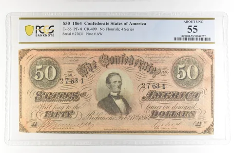 1864 $50 Confederate States America Large Note T-66 PF-8 CR-499 AU 55 PCGS *4204
