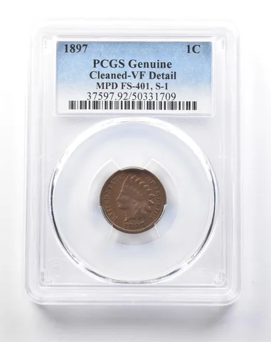 1897 Indian Head Cent MPD FS-401 S-1 Genuine Cleaned VF Detail PCGS a5394