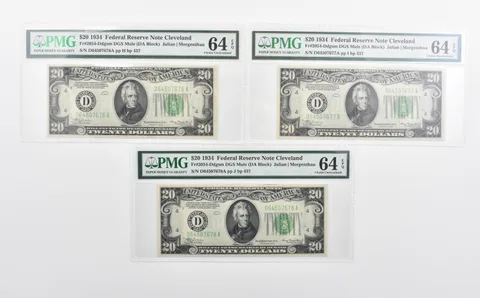 Lot (3) PMG 64 EPQ 1934 $20 FRN Consecutive Notes Fr#2054-Ddgsm *1152