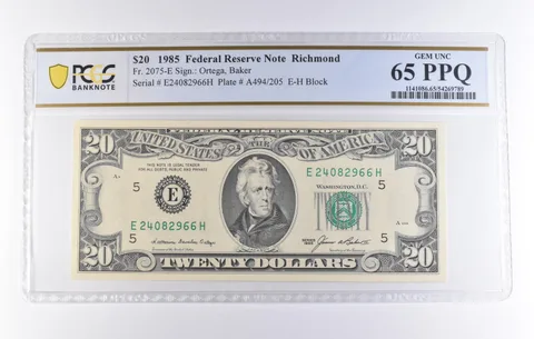 1985 $20 Richmond VA FRN Fr#2075-E Gem Unc 65 PPQ PCGS *8276