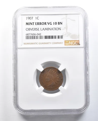 1907 Indian Head Cent Mint Error Obverse Lamination VG10 BN NGC *8219