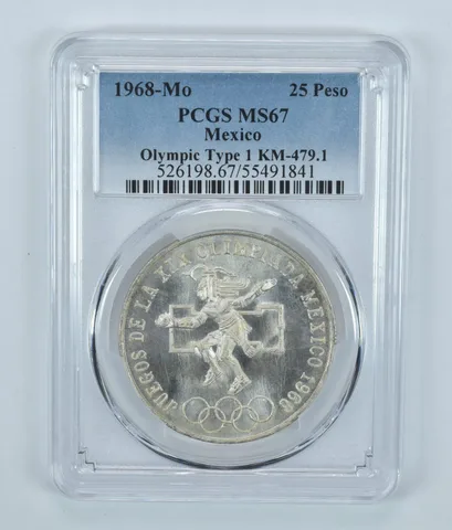 1968 Mo Mexico 25 Pesos Olympic Type 1 MS67 PCGS Blue Label