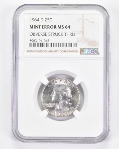 Mint Error MS64 1964-D Washington Quarter - OBV Struck Thru - Graded NGC a8856