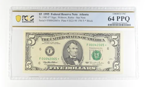 1995 $5 FRN Atlanta GA Fr#1985-F* Star Error Choice Unc 64 PPQ PCGS *4239
