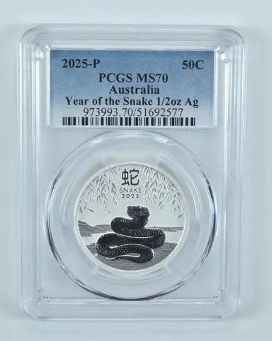2025 P Australia 50 Cents Silver Year Of The Snake 1/2 Oz Silver MS70 PCGS