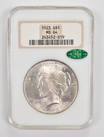 MS64 1923 Peace Silver Dollar CAC NGC *0049
