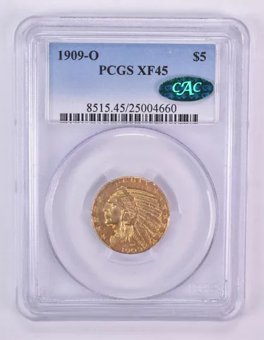 1909-O $5 Indian Head Gold Half Eagle PQ XF45 PCGS CAC *1014