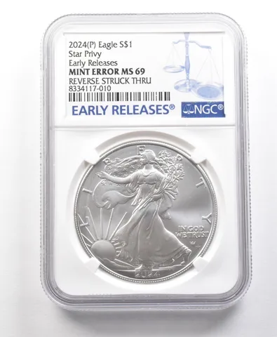 2024 (P) American Silver Eagle Star Privy Error Rev Struck Thru MS69 NGC a5668