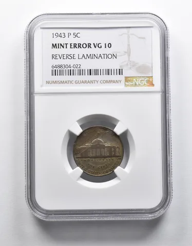 Mint Error VG10 1943-P Jefferson Nickel REV Lamination NGC a1866